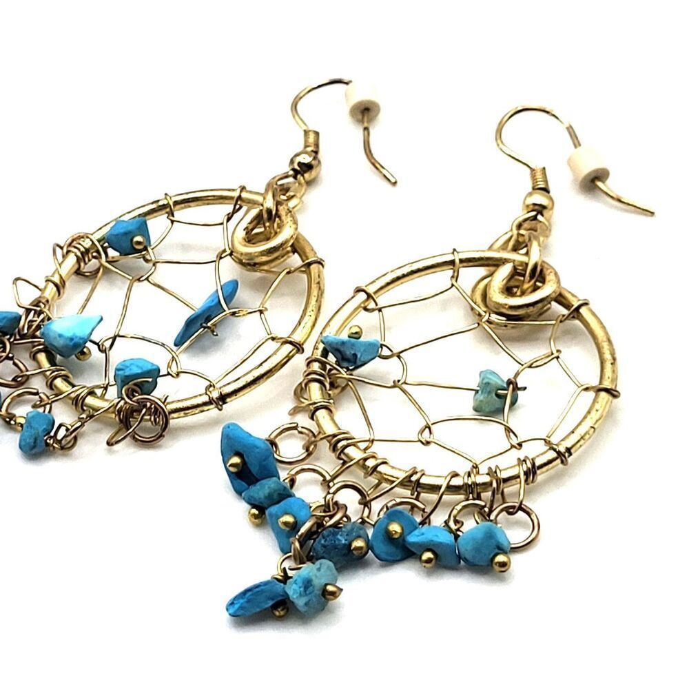 Vintage Gold tone Turquoise Dream Catcher Dangle Drop Earrings 3in